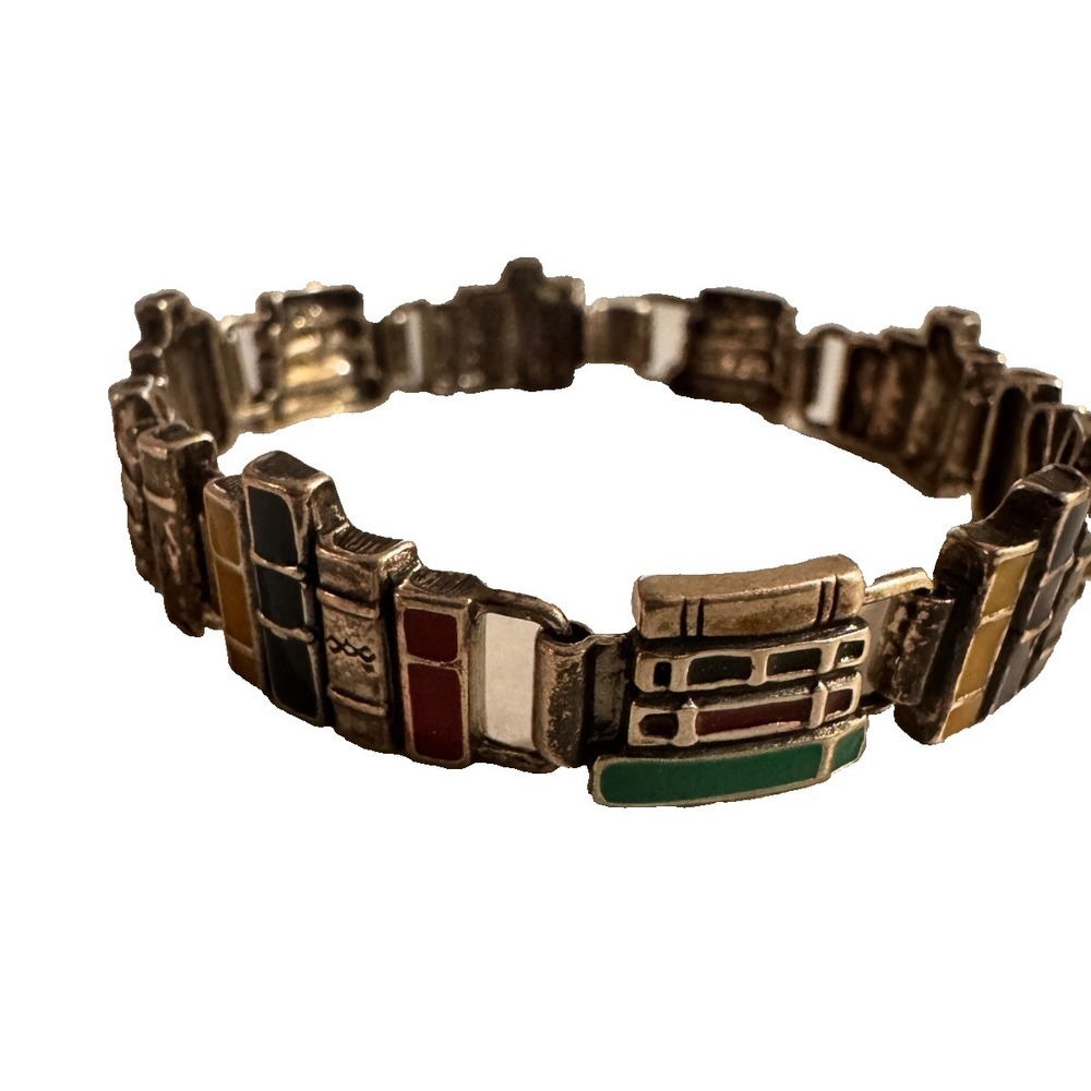 Vintage Sterling Silver Bracelet Book Link Multi Color Enamel Teacher School